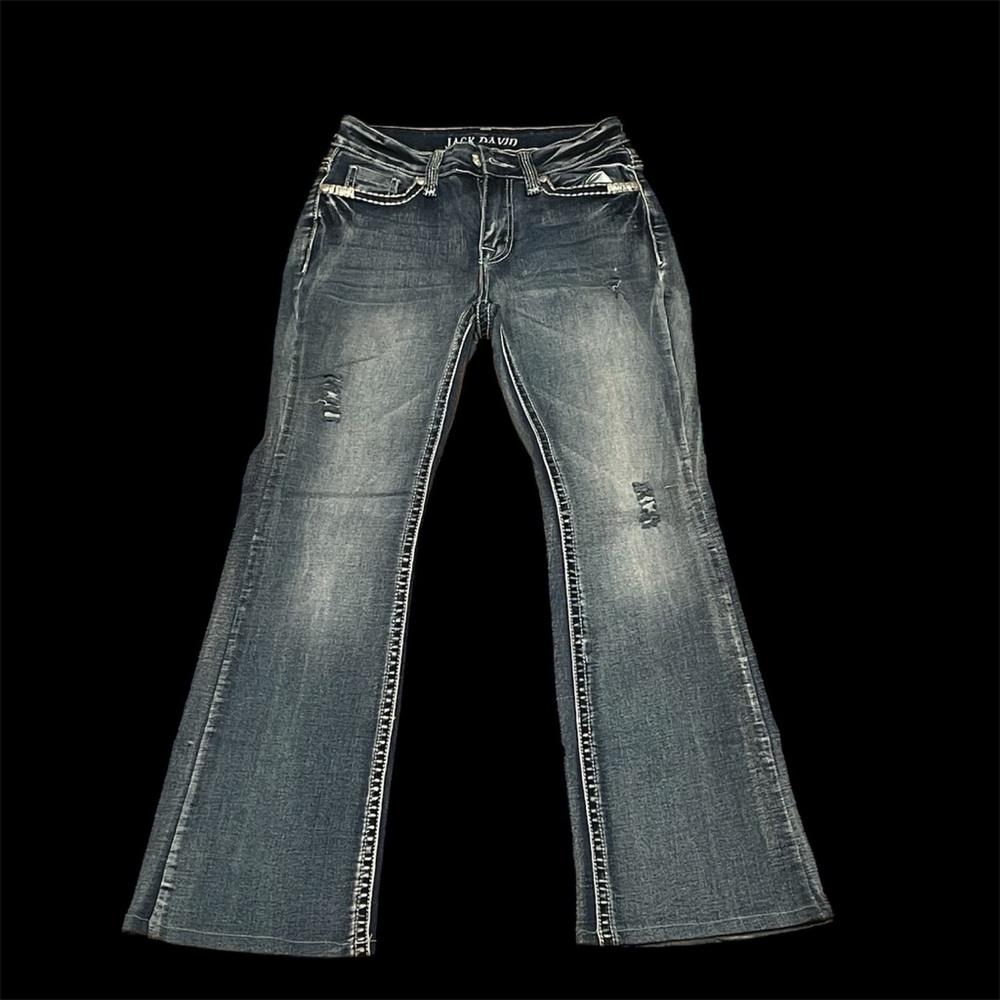 Jack & Doyle blue distressed denim bootcut jeans